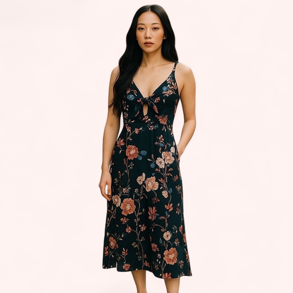 Gently Used Forest Green Floral Slip Dress Keyhole with Tie Front Size M Leg